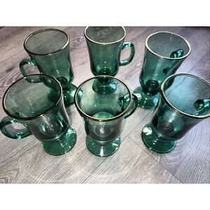 VTG Emerald Green Footed Glass Mugs Set of 6 Gold Rim Irish Coffee Cups